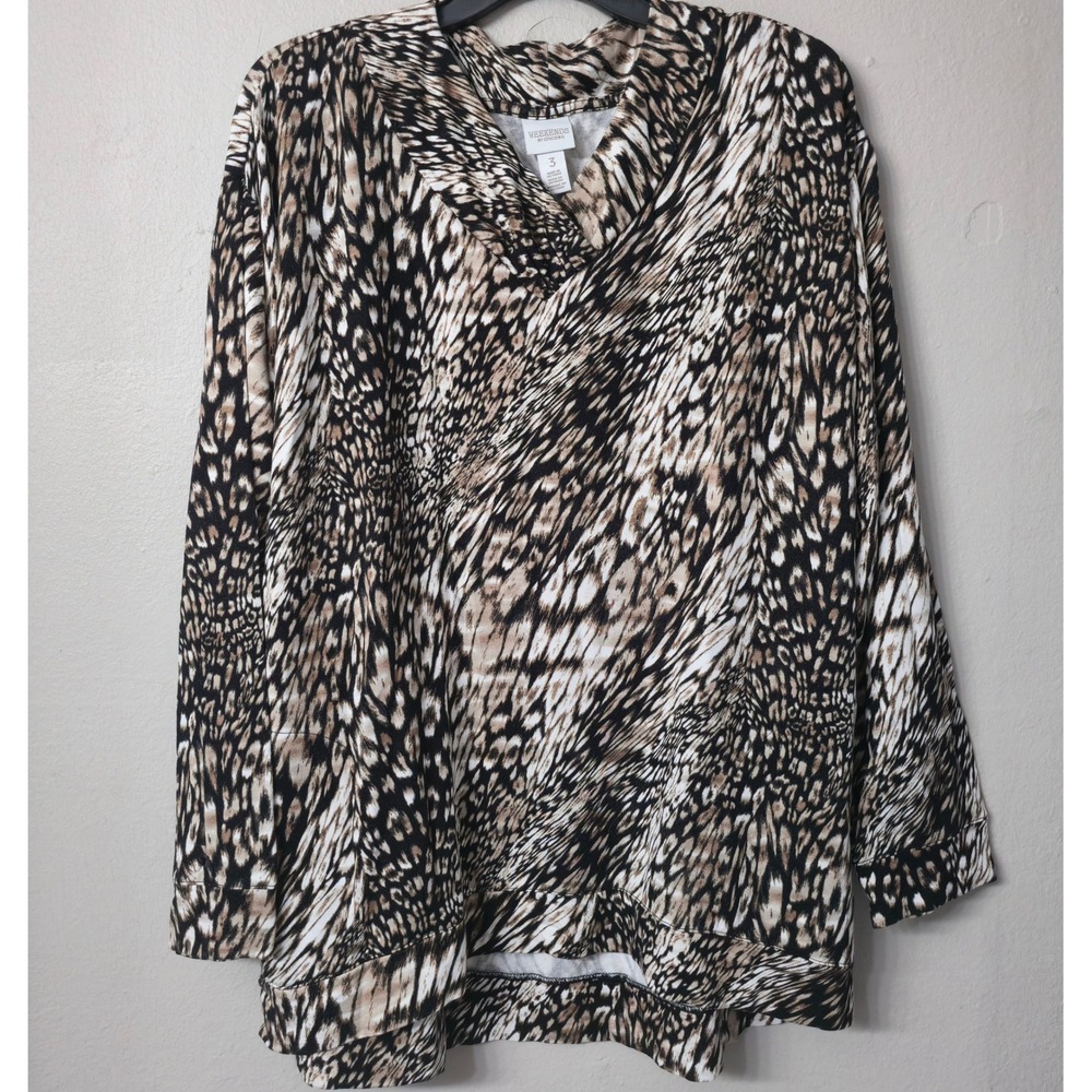Chicos Weekends Animal Print Cowl Neck Tunic Top Brown Cream Size 3 XL